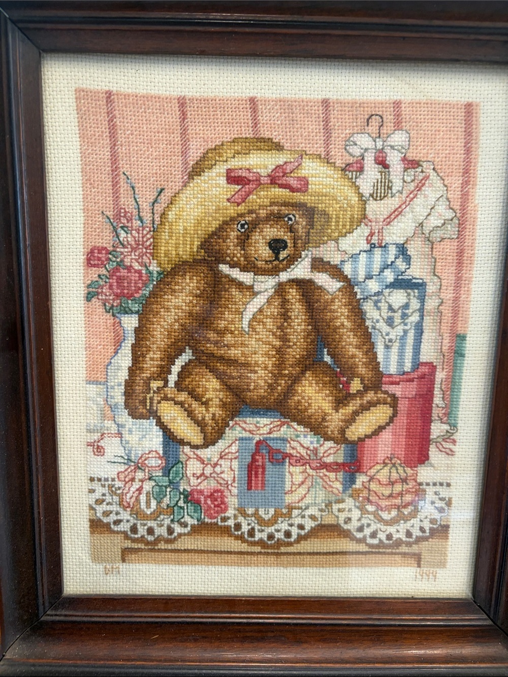 Vintage Framed Treasured Teddies 
Bear Cross-Stitch Wall Art - Home Art